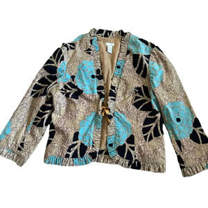 Anthropologie Odille Women's Blazer Jacket 14 Brown Floral Cotton Long Sleeves